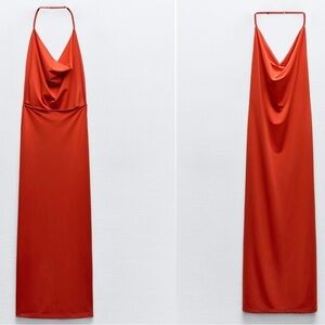 Zara light red open back cowl neck halter top midi maxi dress Sz M NWT stretchy